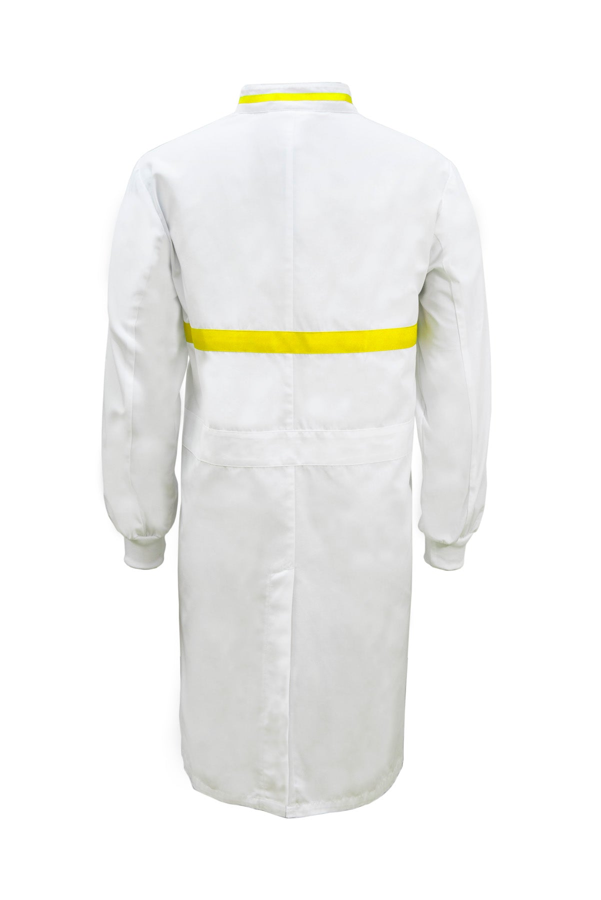 WJ3197 Food Industry Long Length Dustcoat With Mandarin Collar, Contrast Trims On Collar And Chest, Long Sleeve With Cuff