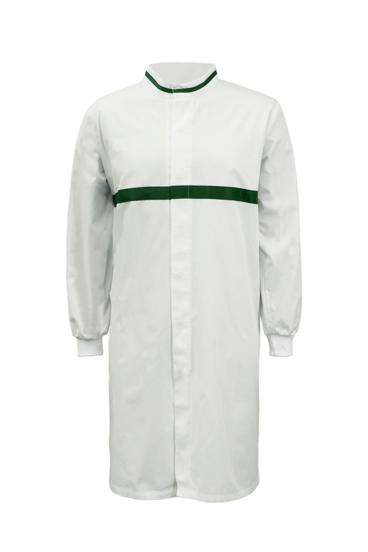 WJ3197 Food Industry Long Length Dustcoat With Mandarin Collar, Contrast Trims On Collar And Chest, Long Sleeve  With Cuff