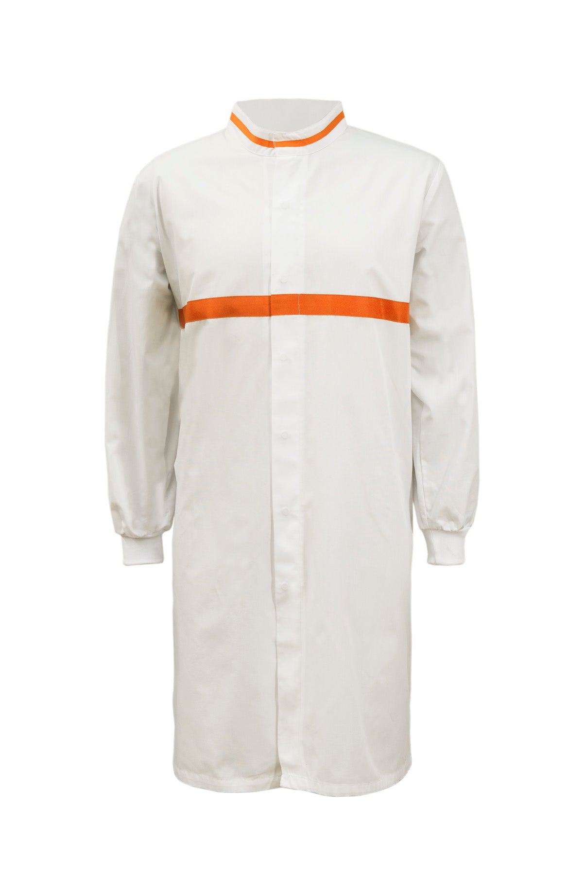WJ3197 Food Industry Long Length Dustcoat With Mandarin Collar, Contrast Trims On Collar And Chest, Long Sleeve  With Cuff
