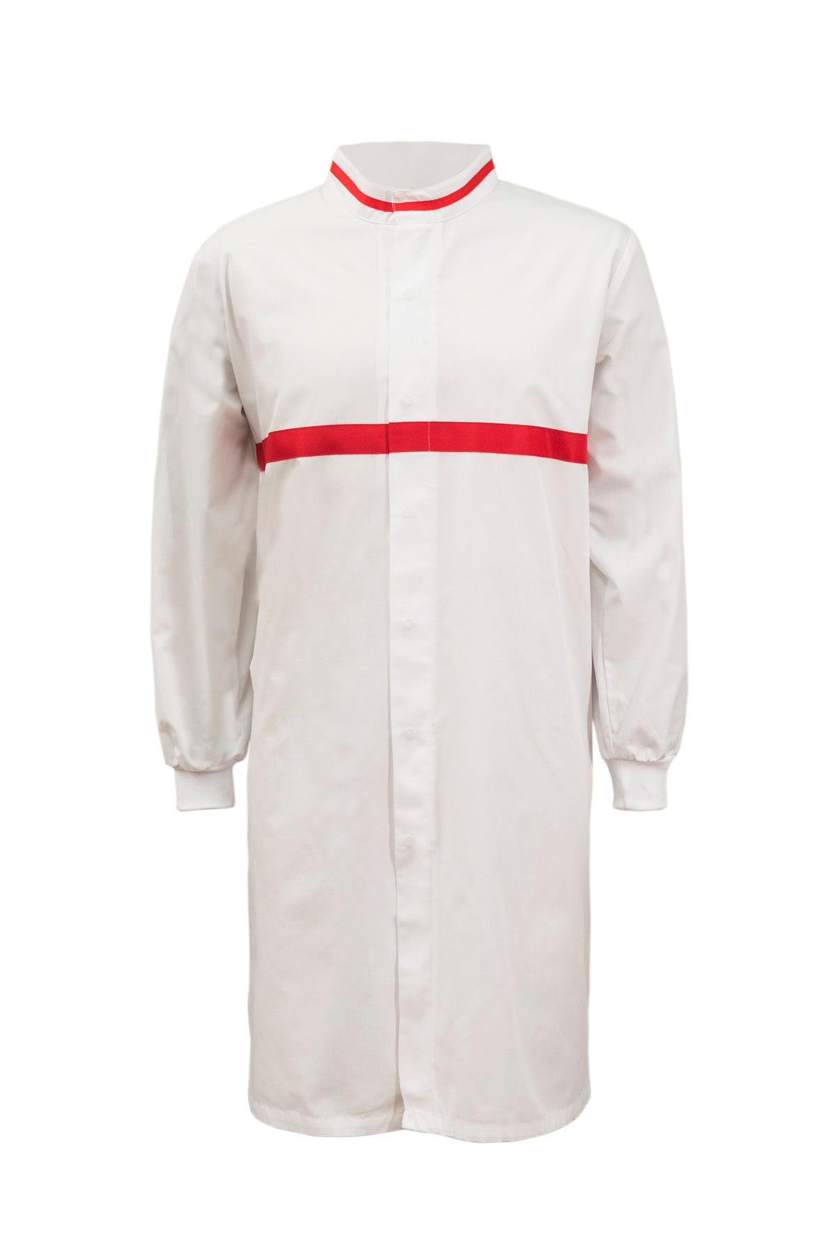 WJ3197 Food Industry Long Length Dustcoat With Mandarin Collar, Contrast Trims On Collar And Chest, Long Sleeve  With Cuff