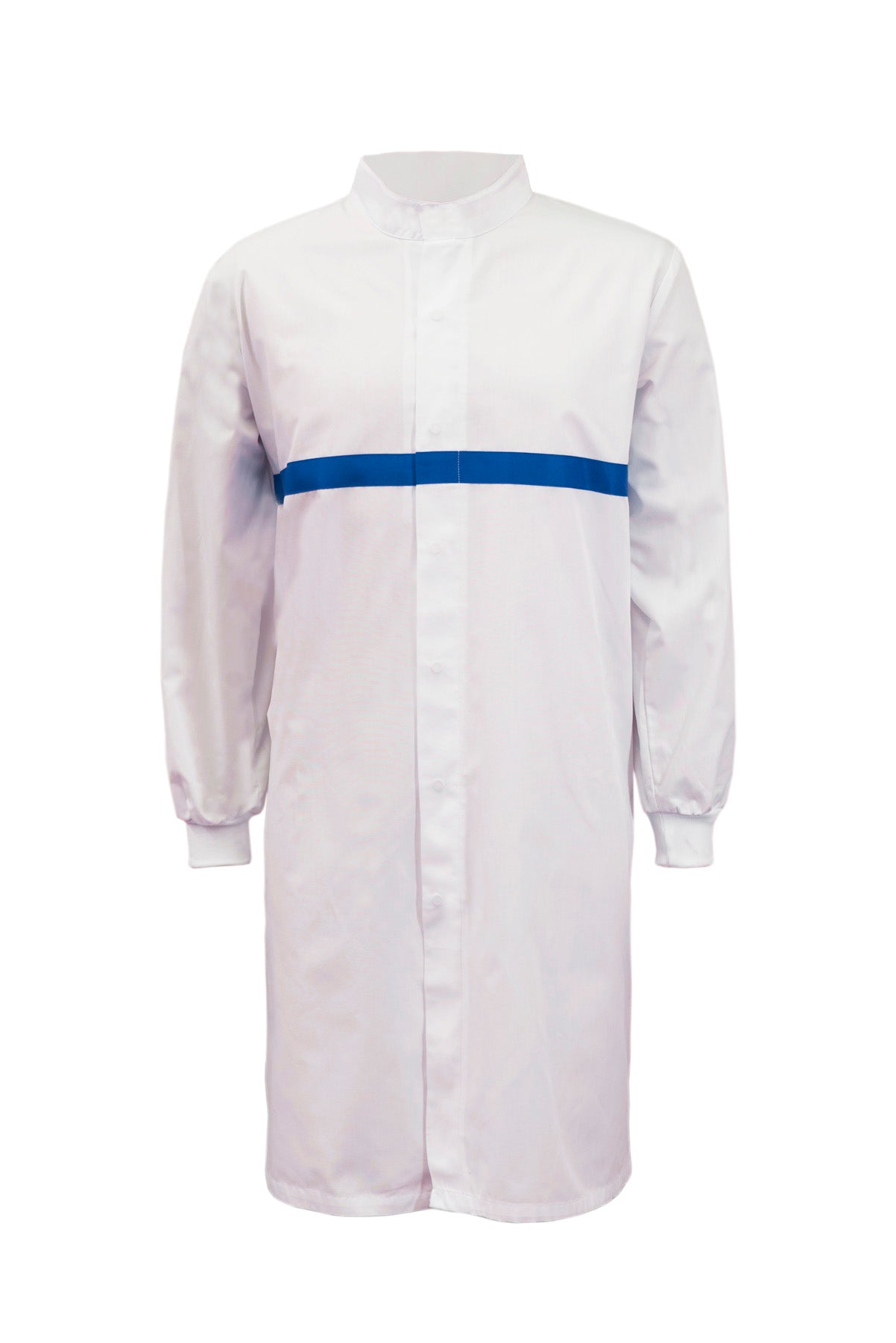 WJ3198 Food Industry Long Length Dustcoat With Mandarin Collar, Contrast Trims On Chest