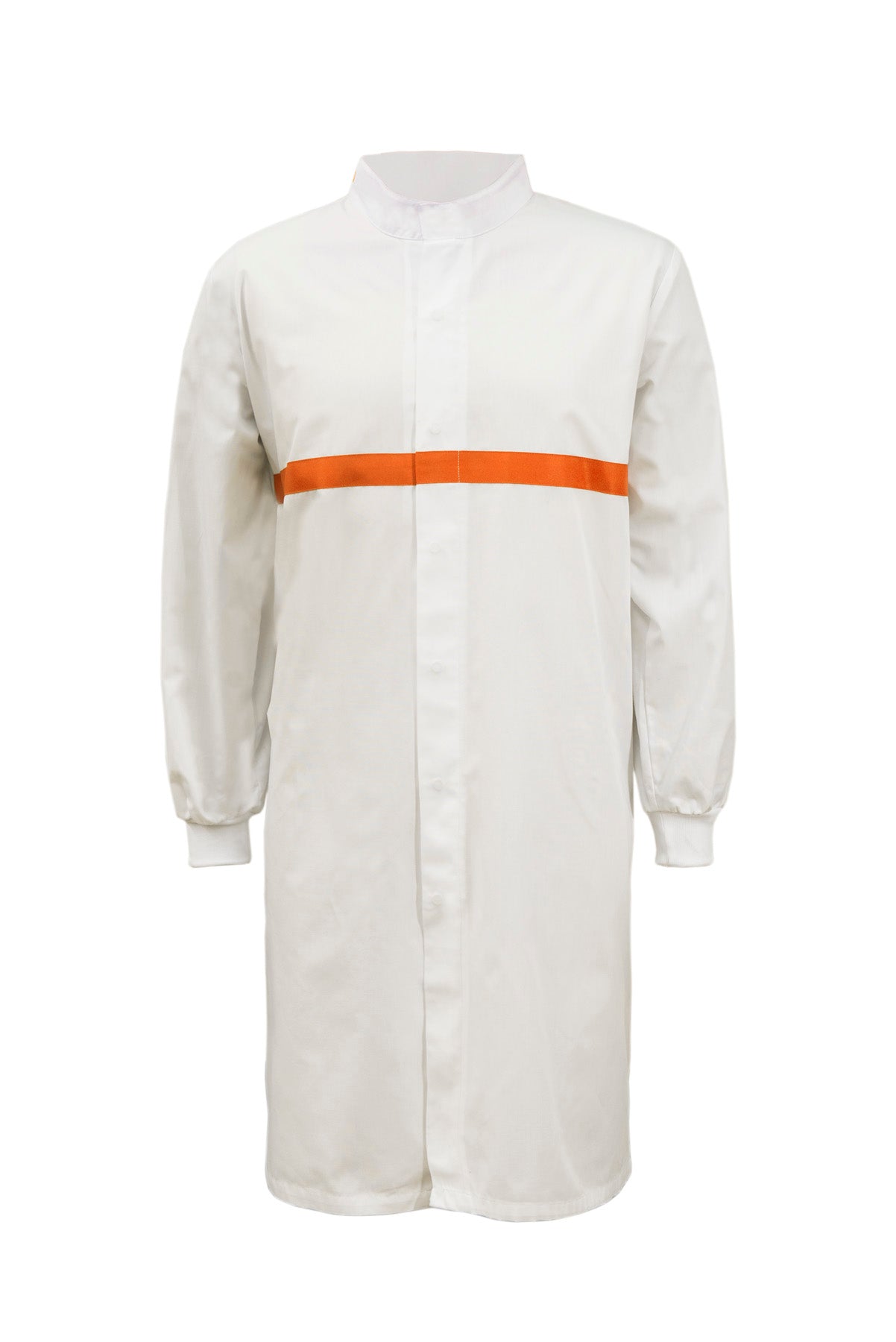 WJ3198 Food Industry Long Length Dustcoat With Mandarin Collar, Contrast Trims On Chest
