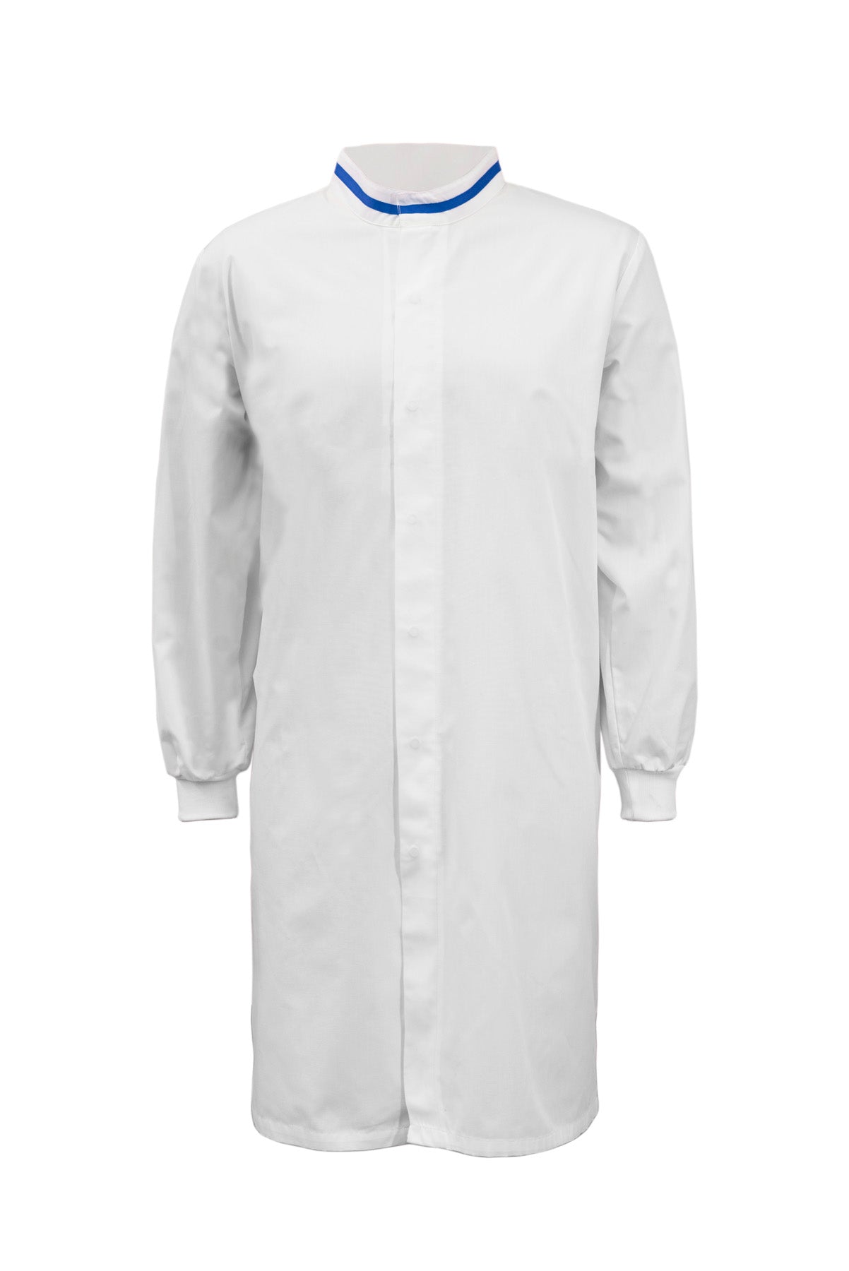 WJ3199 Food Industry Long Length Dustcoat With Mandarin Collar, Contrast Trims On Collar