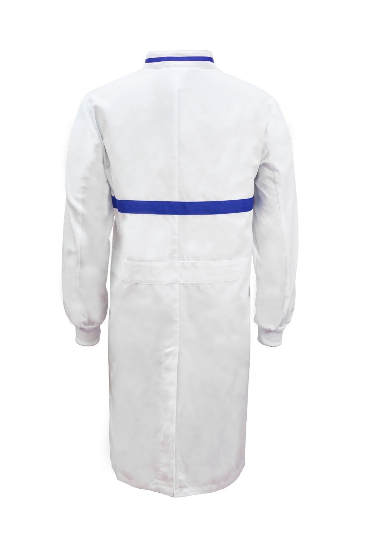 WJ3197 Food Industry Long Length Dustcoat With Mandarin Collar, Contrast Trims On Collar And Chest, Long Sleeve  With Cuff