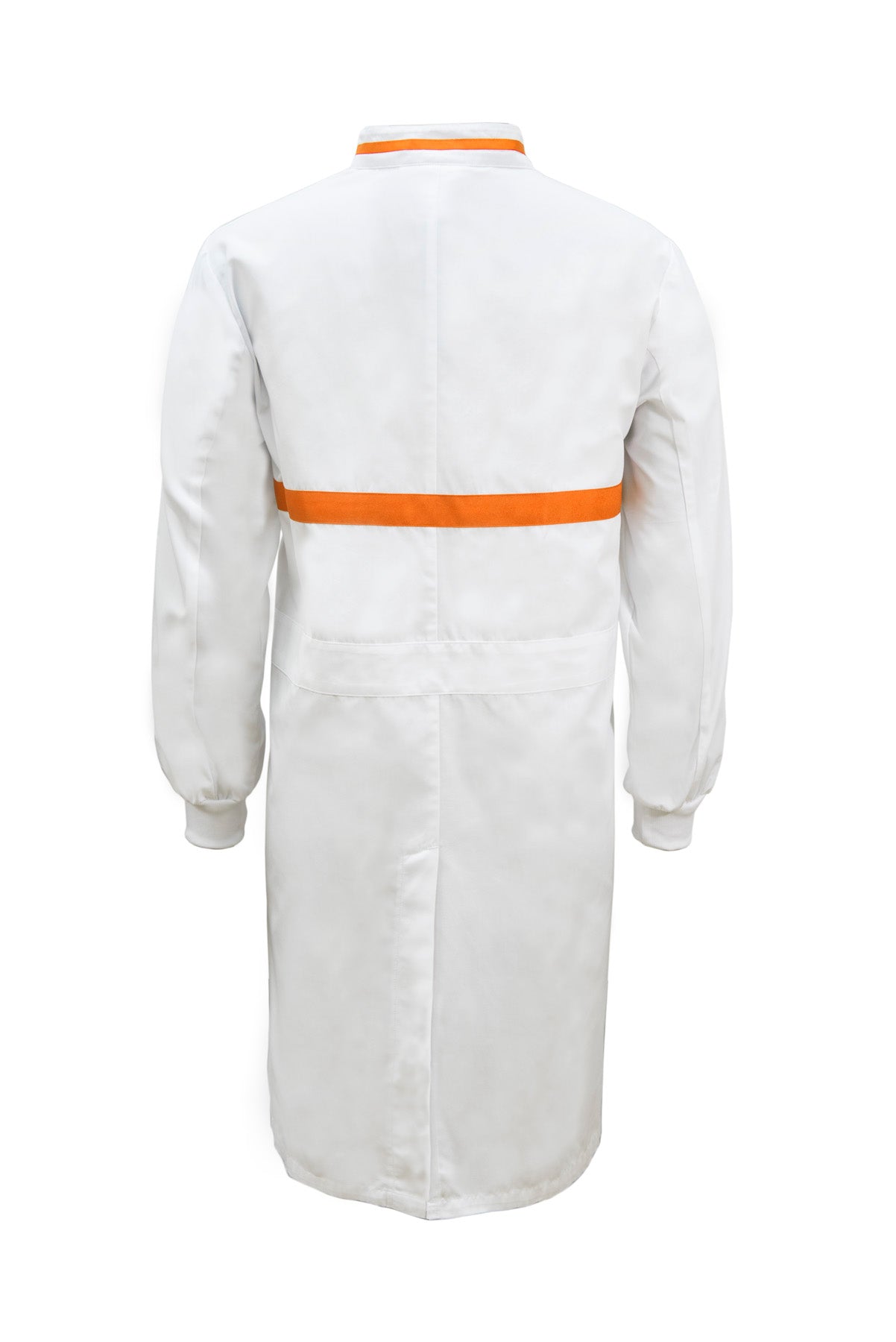 WJ3197 Food Industry Long Length Dustcoat With Mandarin Collar, Contrast Trims On Collar And Chest, Long Sleeve  With Cuff