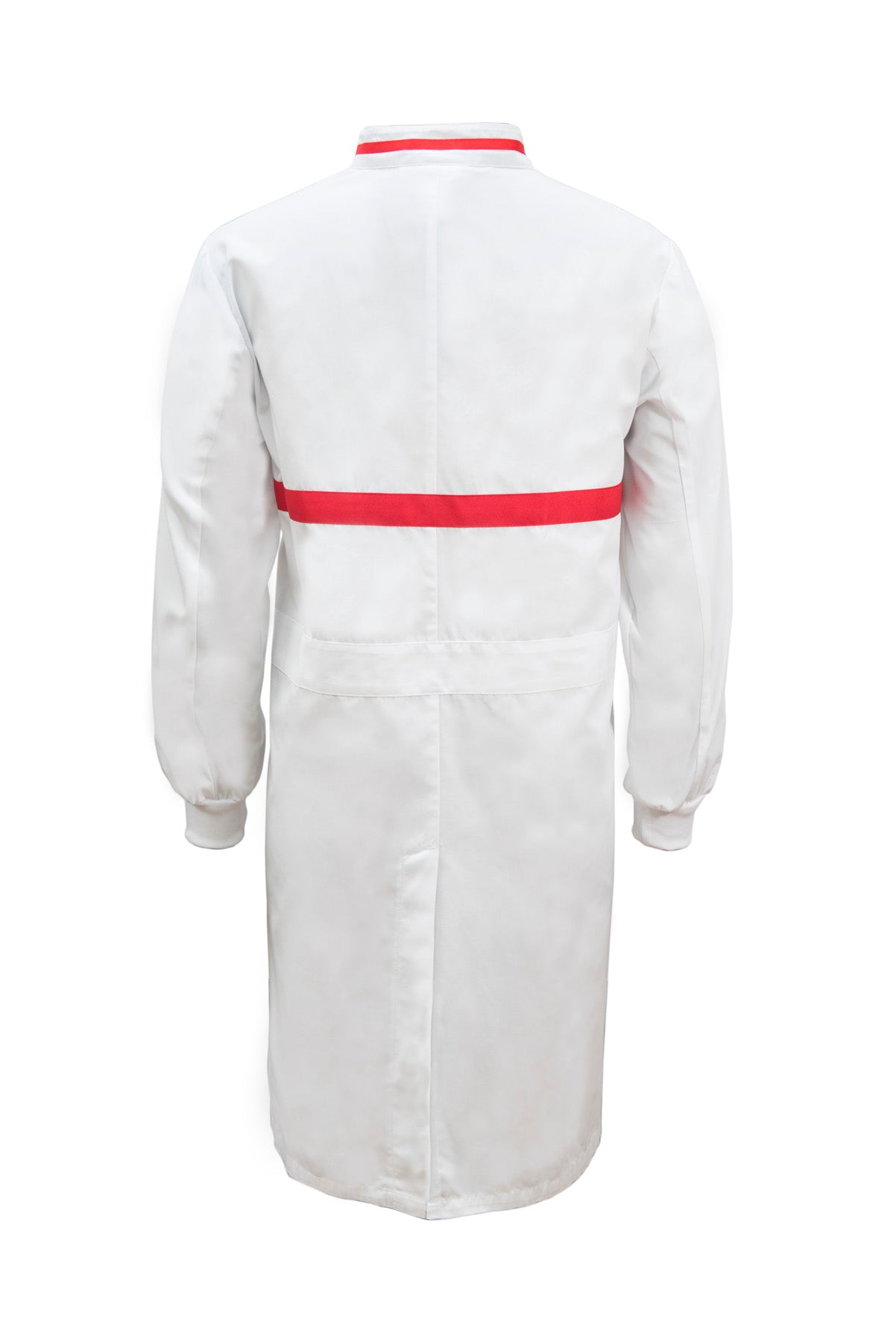 WJ3197 Food Industry Long Length Dustcoat With Mandarin Collar, Contrast Trims On Collar And Chest, Long Sleeve  With Cuff